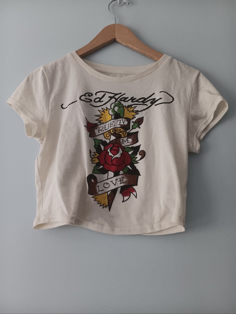 Ed Hardy Rhinestones Cream Cotton Blend Graphic Crop Top M
